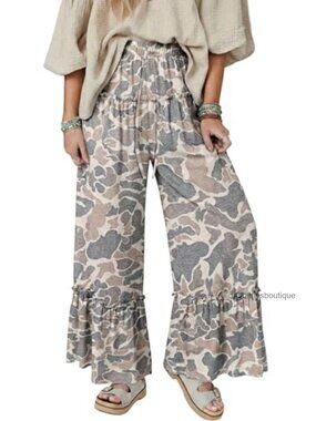 Womens Camo Wide Leg Pants High Rise Drawstring Flowy Trousers